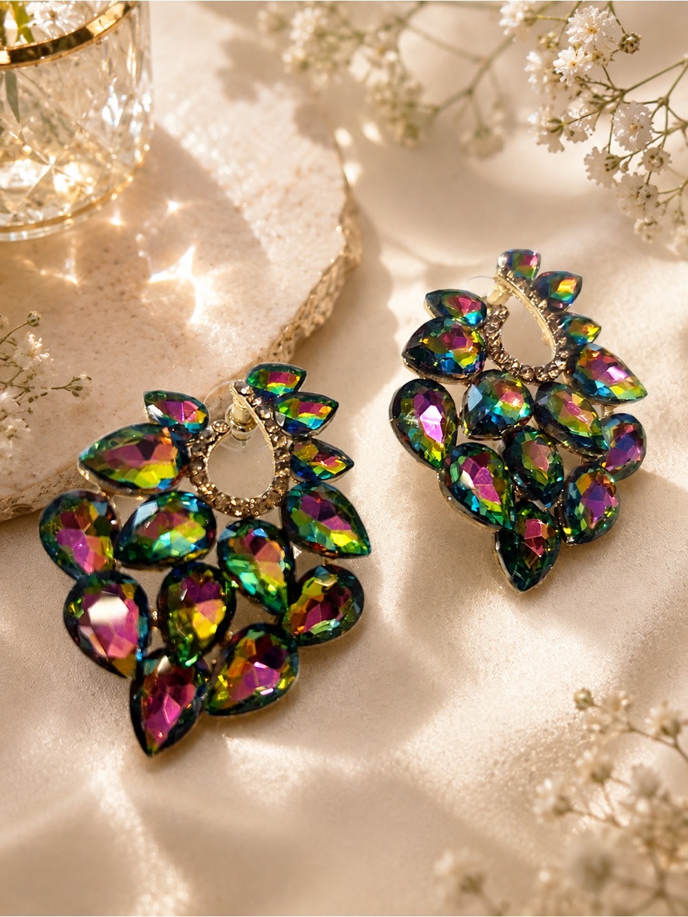 Multicolor Iridescent Teardrop Cluster Earrings - Gold Setting